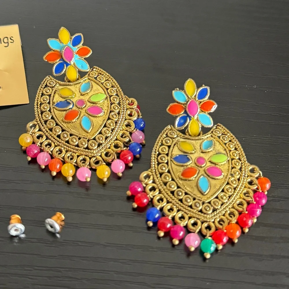 Ethnic Indian Wear Multicolor Gold Earrings - Picture 4 of 8